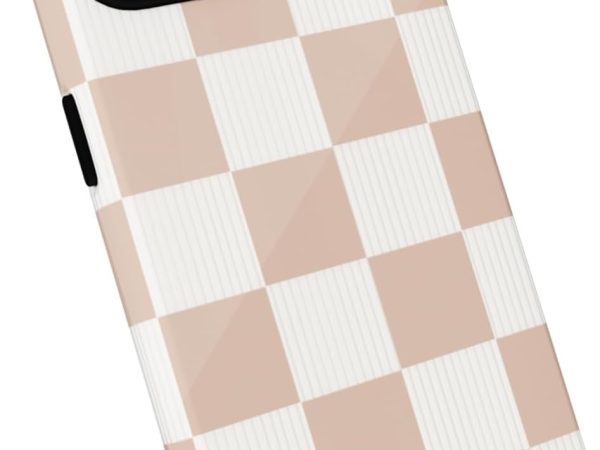 Stylish design, cute and beautiful checkered pattern phone case, slim and smooth hard shell plastic and silicone frame, tan/white