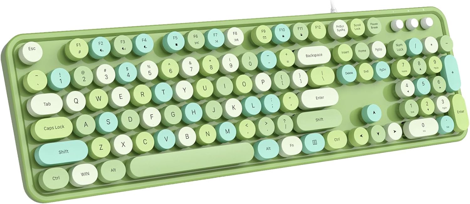 61vG95sqwGL._AC_SL1500_.jpg Wired computer keyboard, USB plug-and-play retro typewriter keyboard with round keys, full-size office keyboard with foldable stand, suitable for laptops and PCs - Image 1