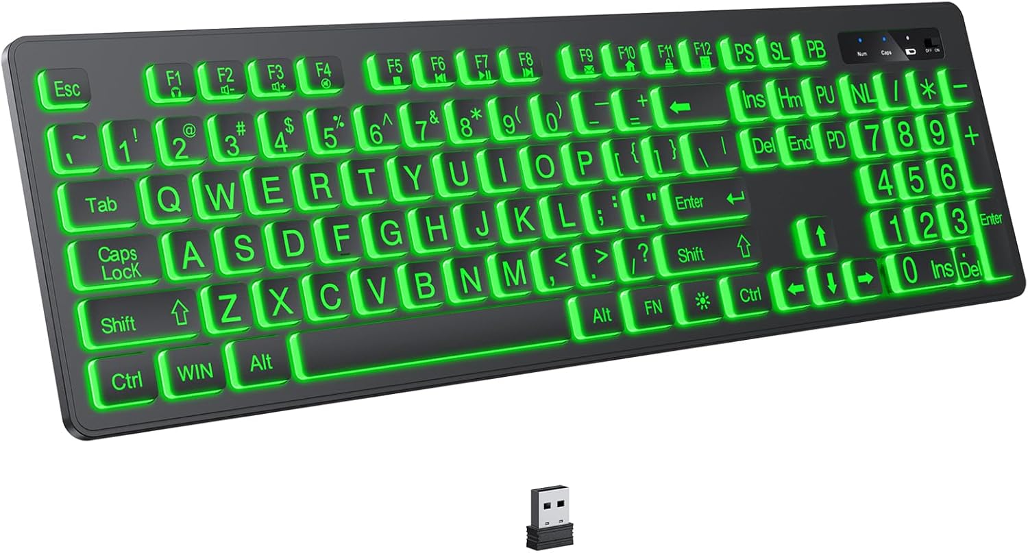 71igZ5oXG2L._AC_SL1500_.jpg Large-print backlit wireless keyboard, 2.4G silent wireless backlit keyboard, full-size computer keyboard, 7-color backlight, rechargeable keyboard - Image 1